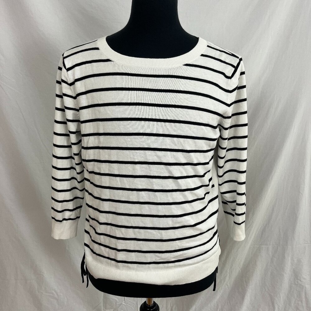 Banana Republic Black & White Sailor Striped 3/4 Sleeve Knit Top Lace Bow Size L